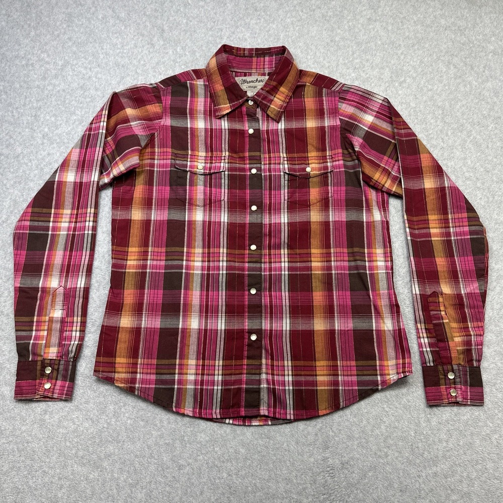 Wrangler Wrancher Pearl Snap Shirt Small Red Plaid Rustic Western Outdoor